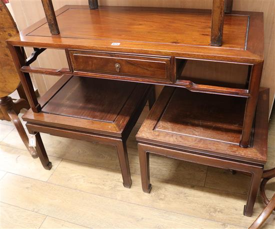 A pair of Chinese hardwood square coffee tables and another similar rectangular table W.106cm and 56cm